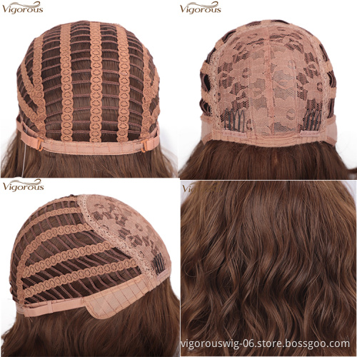 Vigorous 14 Inches Short Wavy Synthetic Bob Wigs With Bangs Light Auburn Color Natural Looking Heat Resistant Fiber Cosplay Wig